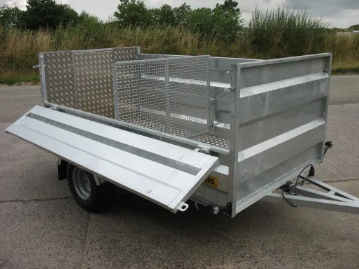 The same trailer with the canopy off, side ramp down and the mesh partition still in place
