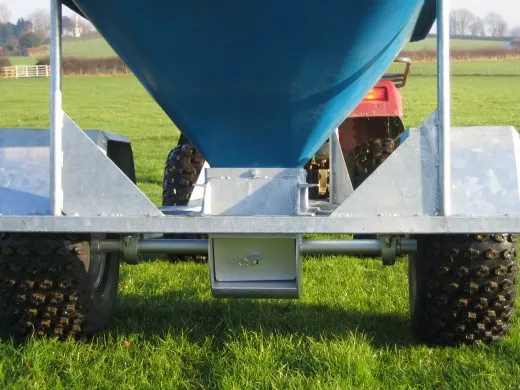 The underside of the hopper, showing the chute and the drive that meters the feed out