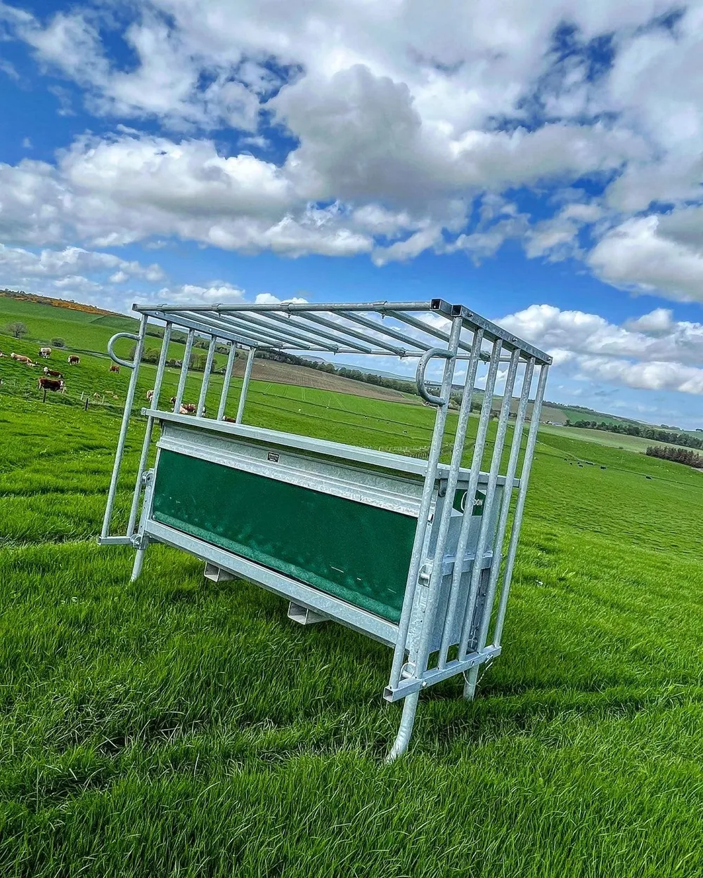 The creep feeder side-on, showing the barred frame over a green-lined trough, with cattle grazing beyond