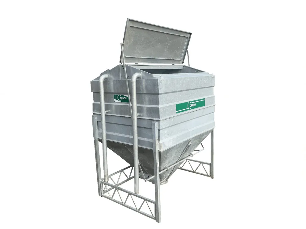 A galvanised Condon meal bin on adjustable legs