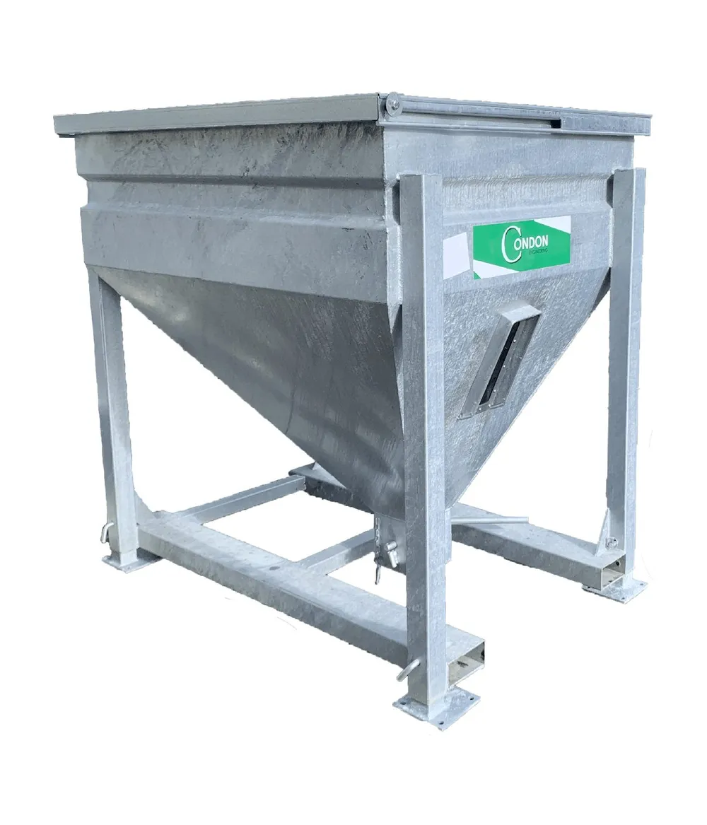 The one-tonne bin on its skid frame, with the sight glass on the hopper and the outlet underneath