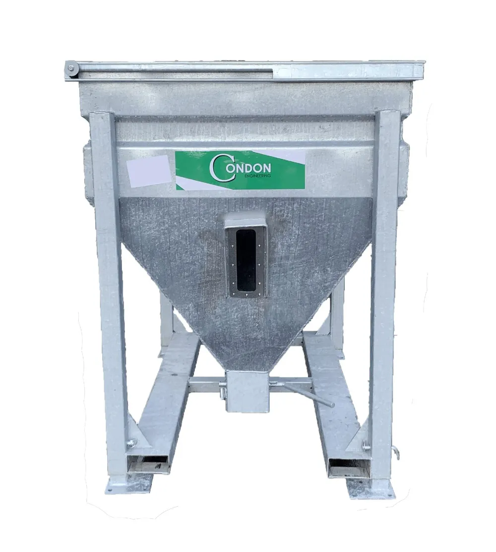 The same bin head-on, showing the sight glass and the fork pockets in the base