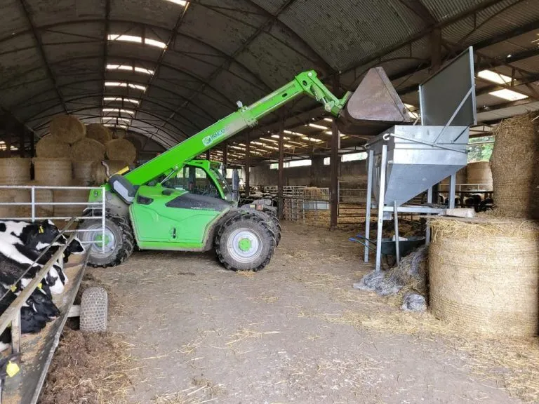 A telehandler tipping meal into the bin from a bucket, inside a calf shed