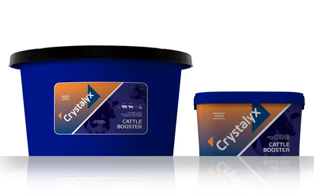 A tub of Crystalyx Cattle Booster feed lick
