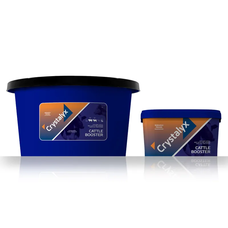 A tub of Crystalyx Cattle Booster feed lick
