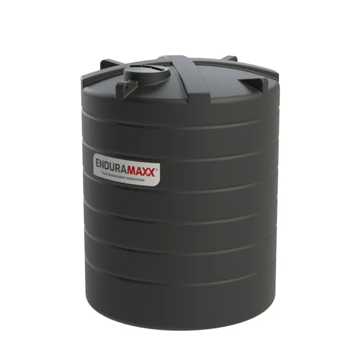 A 20,000 litre black Enduramaxx polyethylene water tank, ribbed and one-piece, with a lidded inspection hatch on top