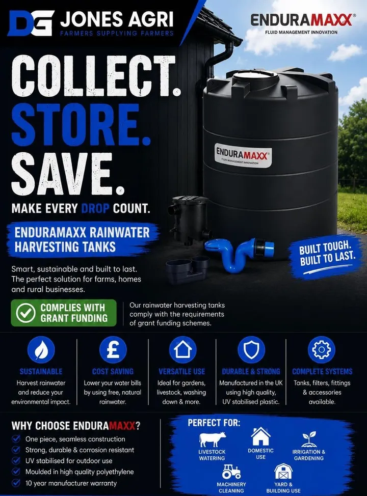 Enduramaxx rainwater harvesting tanks - collect, store, save; a black polyethylene tank with filter and downpipe fittings beside a farm building