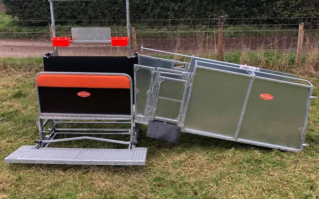 A galvanised Ritchie Combi Clamp sheep handling clamp with lead-up ramp
